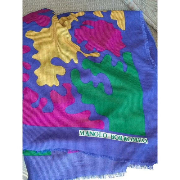 VINTAGE AUTHENTIC MANOLO BORROMEO  FINE WOOL 50" SQUARE SCARF - Picture 1 of 3
